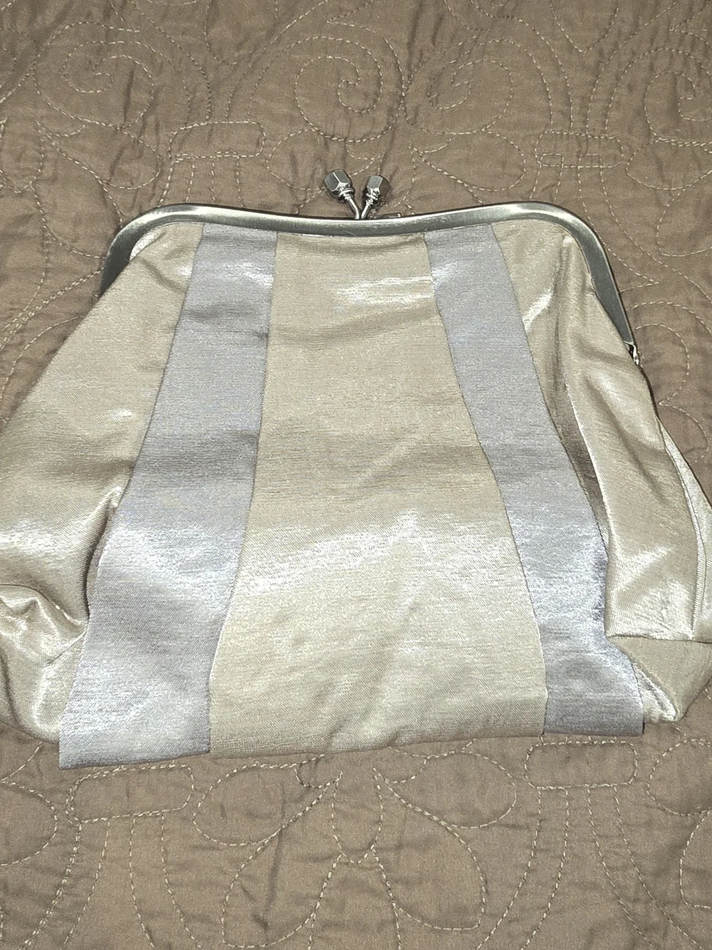 Bath & Body Works Metallic Cream and Silver Stripe Kiss-Lock Clutch
